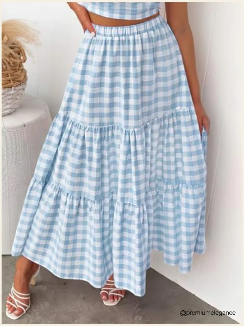 Slim Fit Elastic High Waist Plaid Gingham Tiered Flowy Boho Maxi Skirt with